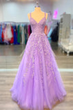 Lilac Tulle A-line V-neck Prom Dresses With Appliques, Evening Dresses, SP883 | lace prom dresses | long formal dresses | evening gown | simidress.com