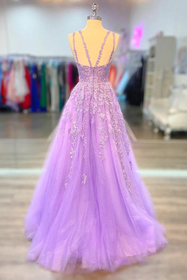 Lilac Tulle A-line V-neck Prom Dress With Appliques SP883