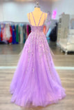 Lilac Tulle A-line V-neck Prom Dresses With Appliques, Evening Dresses, SP883 | a line prom dresses | purple prom dresses | party dresses | simidress.com