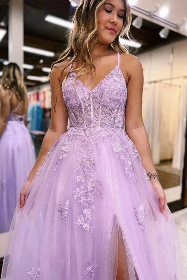 Lilac Tulle Floor Length A-line Lace Prom Dresses With Slit, Evening Dresses, SP963 | cheap long prom dresses | prom dress for teens | prom dresses online | simidress.com
