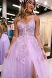Lilac Tulle Floor Length A-line Lace Prom Dresses With Slit, Evening Dresses, SP963 | cheap long prom dresses | prom dress for teens | prom dresses online | simidress.com