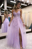 Lilac Tulle Floor Length A-line Lace Prom Dresses With Slit, Evening Dresses, SP963