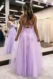 Lilac Tulle Floor Length A-line Lace Prom Dresses With Slit, Evening Dresses, SP963 | a line prom dress | long formal dresses | party dresses | simidress.com
