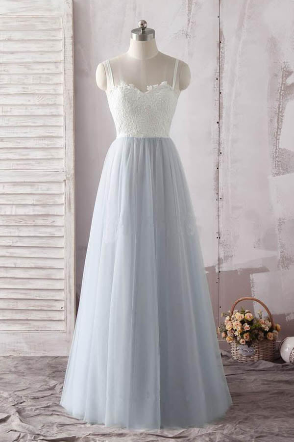 Simple  Ivory Lace Blue Spaghetti Straps Sweetheart Tulle Long Prom Dress, M259