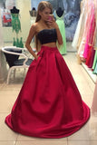 Satin Red Two Pieces A-Line Prom Dresses with Beading, M103