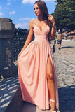 Pink Spaghetti Strap V Neck Simple Long Evening Dress,Cheap Prom Dress, M106