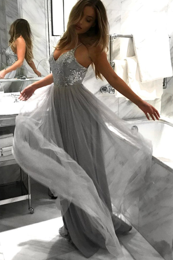 Light Grey Backless Spaghetti Lace Tulle Long A-line Prom Dresses, M107