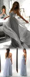 Light Grey Backless Spaghetti Lace Tulle Long A-line Prom Dresses, M107