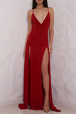 Red Deep V Neck High Slit Backless Formal Dress, Long Prom Dress, M113
