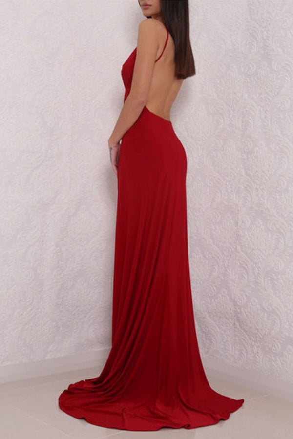 Red Deep V Neck High Slit Backless Formal Dress, Long Prom Dress, M113