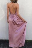 Simple Pink V Neck Spaghetti Straps Long Prom Dress with Slit, M114
