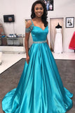 Blue Cap Sleeves Satin A Line Beaded Long Prom Dresses with Sweep Train, M118