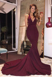 Mermaid Burgundy V-Neck Long Prom Dresses With Criss cross Sleeveless, M120