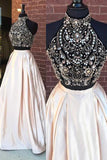 Elegant Two Pieces High Neck Beaded Cheap Long Prom Dresses, M123