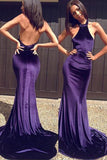 Purple Halter Backless Long Prom Dresses with Sweep Train, M125