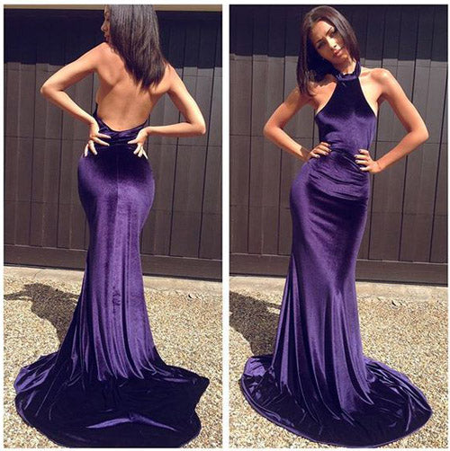 Purple Halter Backless Long Prom Dresses with Sweep Train, M125