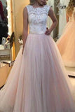White Lace Pink Tulle A Line Long Prom Dress With Lace Back Up, M128