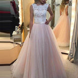 White Lace Pink Tulle A Line Long Prom Dress With Lace Back Up, M128