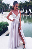Gray Chiffon Slit Long Prom Dresses with Lace Flowers, Cheap Party Dresses, M131