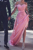 Pink Satin Cap Sleeves Off Shoulder Long Prom Dresses, Party Dresses, M132