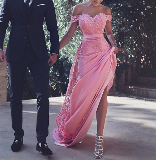 Pink Satin Cap Sleeves Off Shoulder Long Prom Dresses, Party Dresses, M132