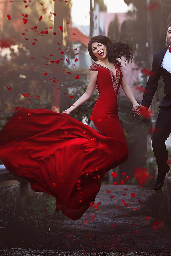 Gorgeous Red Satin Mermaid Open Back V Neck Long Prom Dresses, M133