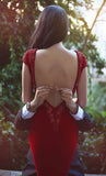 Gorgeous Red Satin Mermaid Open Back V Neck Long Prom Dresses, M133