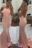 Pink Mermaid Spaghetti Strap Open Back Long Prom Dresses with Train, M134