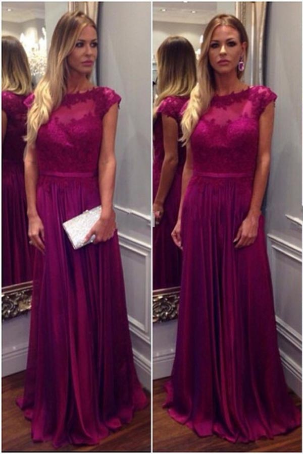 Pink A-line Chiffon Floor-length Long Prom Dresses with Appliques, M136