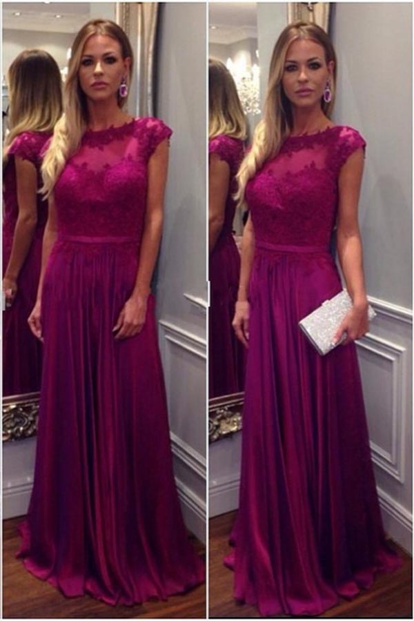 Pink A-line Chiffon Floor-length Long Prom Dresses with Appliques, M136