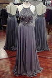 Gray Spaghetti Straps A-line Chiffon Long Prom Dresses with Beading, M137