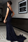 Blue Mermaid Straps Sequined Long Prom Dresses with Sweep Train, M138