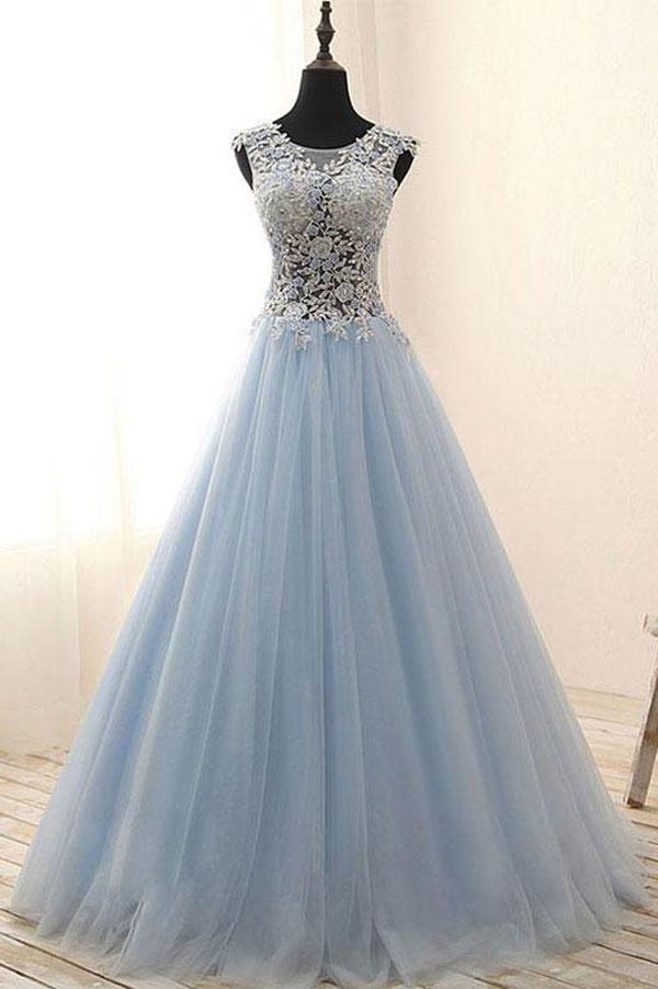 See Through A-line Tulle Blue Lace Appliqued Long Prom Gowns, M142