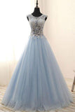 See Through A-line Tulle Blue Lace Appliqued Long Prom Gowns, M142