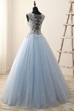 See Through A-line Tulle Blue Lace Appliqued Long Prom Gowns, M142
