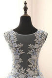 See Through A-line Tulle Blue Lace Appliqued Long Prom Gowns, M142