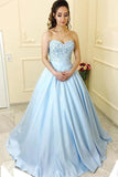 Blue Satin A-line Princess Sweetheart Neck Strapless Long Prom Dresses, M144