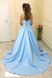 Blue Satin A-line Princess Sweetheart Neck Strapless Long Prom Dresses, M144