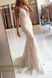 Ivory Mermaid Lace V-neck Long Prom Dresses with Sweep Train, M145