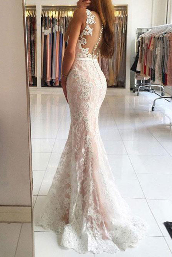 Ivory Mermaid Lace V-neck Long Prom Dresses with Sweep Train, M145