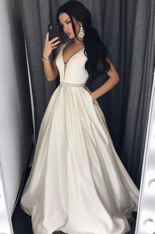 Simple A-line Princess V-neck Long Prom Dresses with Pocket, M146