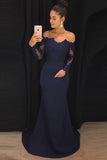 Navy Mermaid Off the Shoulder Long Prom Dresses with Long Sleeves, M147