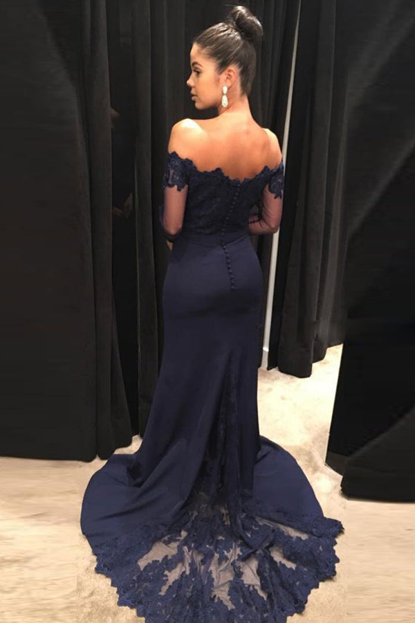 Navy Mermaid Off the Shoulder Long Prom Dresses with Long Sleeves, M147