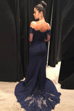 Navy Mermaid Off the Shoulder Long Prom Dresses with Long Sleeves, M147