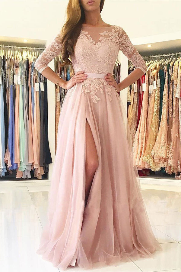 Pink Tulle A-line Illusion Neck Lace Half Sleeves Long Prom Dresses, M148