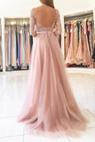 Pink Tulle A-line Illusion Neck Lace Half Sleeves Long Prom Dresses, M148