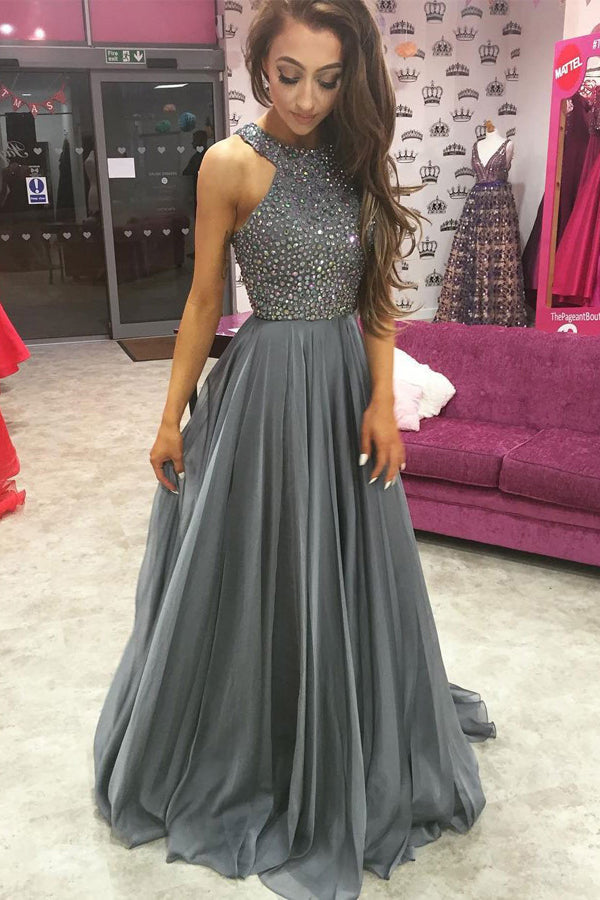 Grey Chiffon A-line Rhinestone Beaded Top Dark Long Prom Dresses, M151