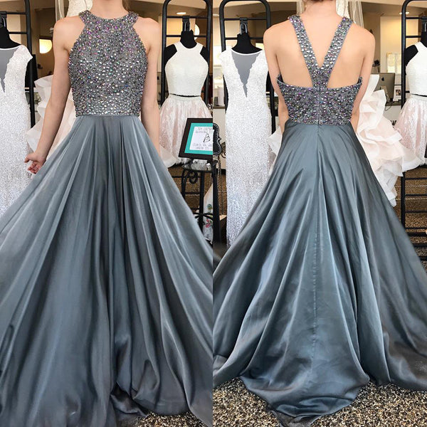 Grey Chiffon A-line Rhinestone Beaded Top Dark Long Prom Dresses, M151