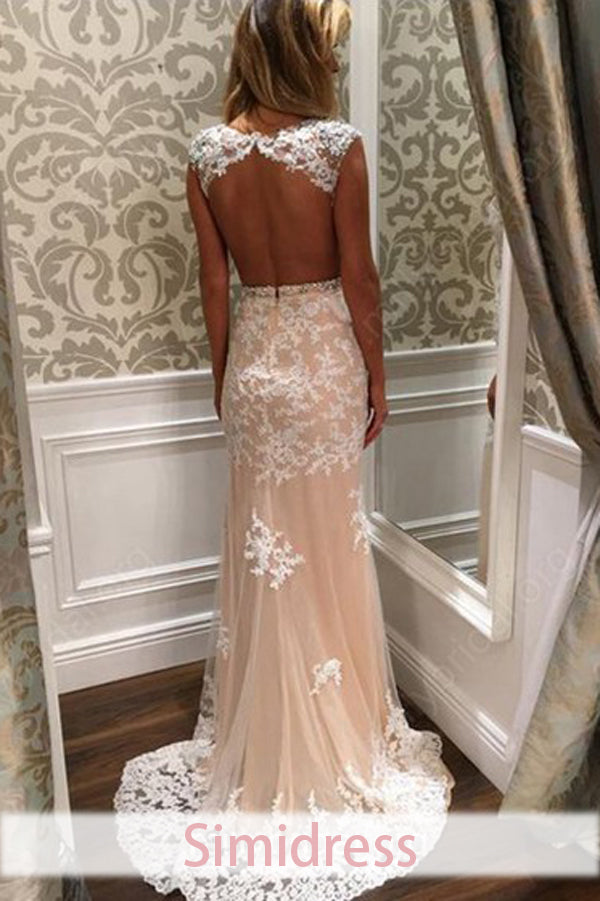 New Sheath Column Lace Backless Tulle Prom Dress With Appliques, M152