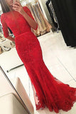 Red Mermaid Tulle Floor-length Scoop Neck Lace Prom Dresses With Appliques, M154